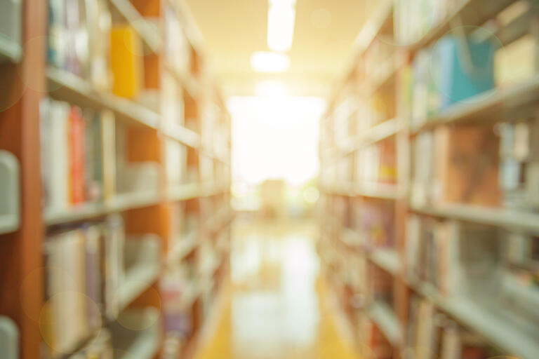 Library book shelves with sunlight beaming through