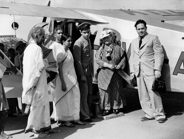 Maria Montessori and Mario Montessori arriving in Adyar, India, 1939