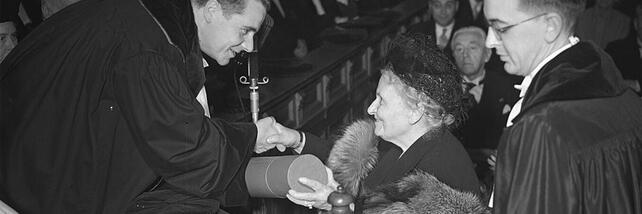 Maria Montessori receiving honorary doctorate, Amsterdam 18 September 1950